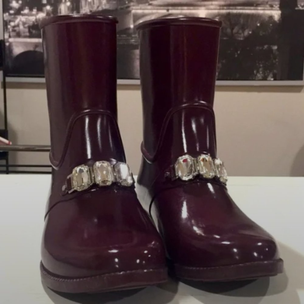 Women's Burgundy Patent Mid-Calf Boots with Crystal Accent